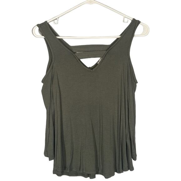 Threads Studio Olive Green Cold Shoulder V-Neck Lightweight Blouse Women Sz S - Picture 1 of 6